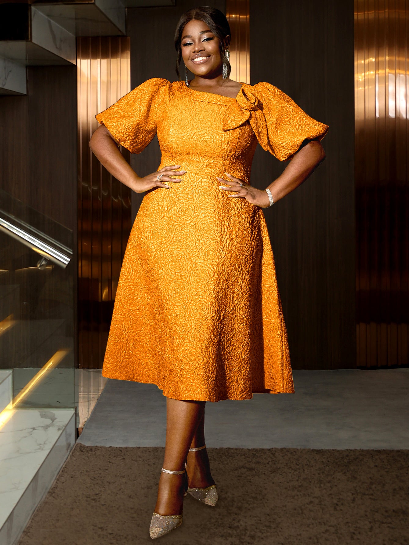 Flower Jacquard Round Neck Career A-line Dress 3