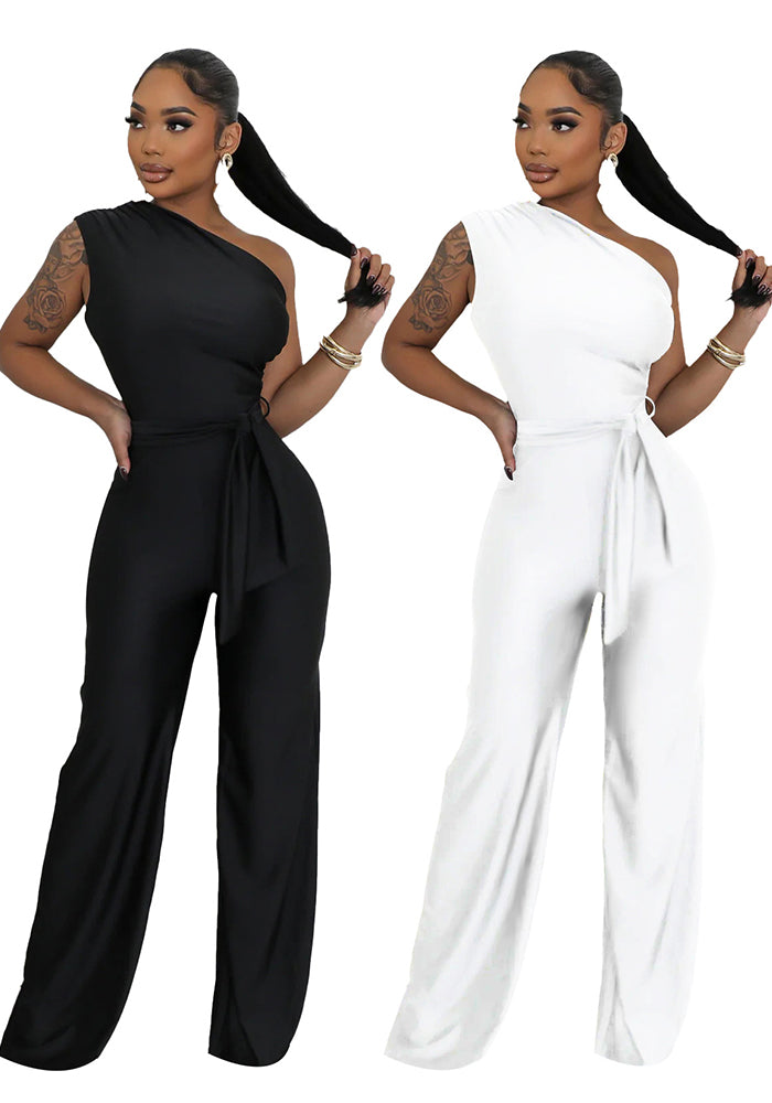 Women's Sexy Solid Color Fashion One-Shoulder Slash Shoulder Jumpsuit