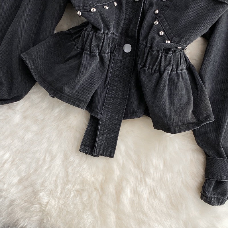 Women Autumn and Winter V-Neck Beaded Denim Top 7