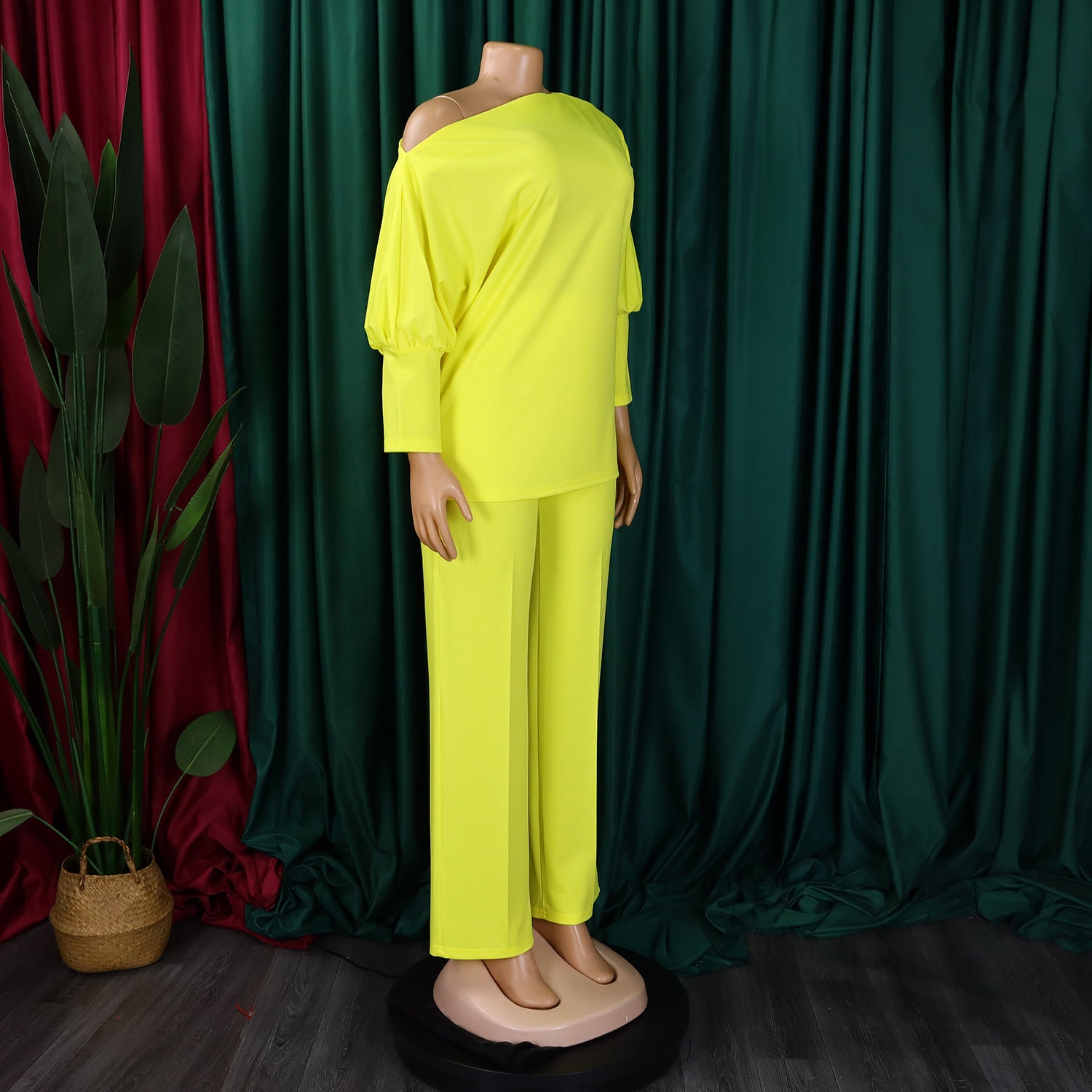 Women's Fall Fashion Solid Color Slash Shoulder Top Wide Leg Pants African Suit 12