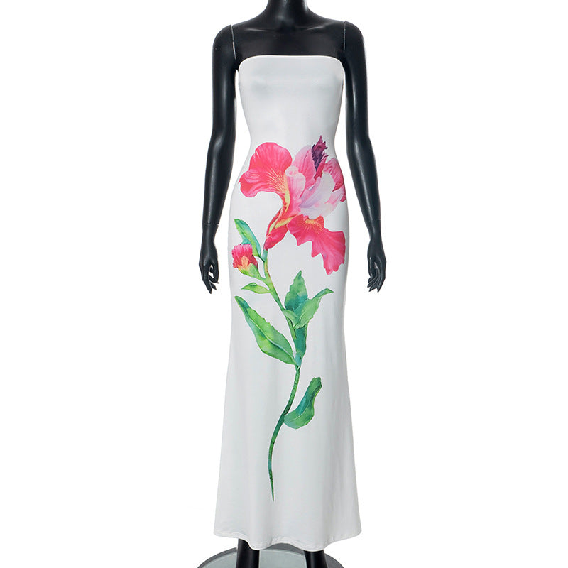 Holiday Style Flower Print Contrast Color Low Back Strapless Long Dress 11