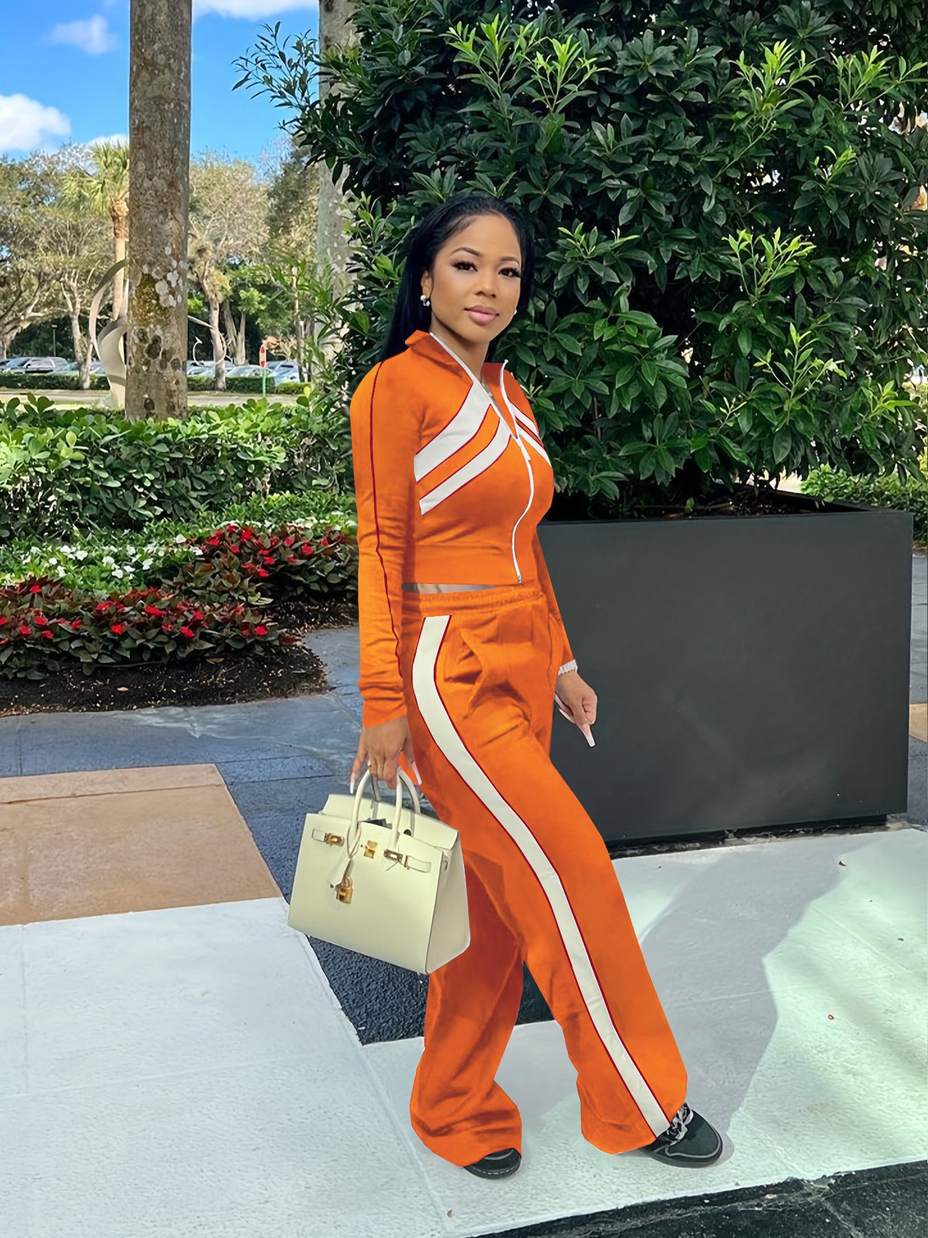 Women Style Street Zipper Contrast Patchwork Top and Pant Set 12