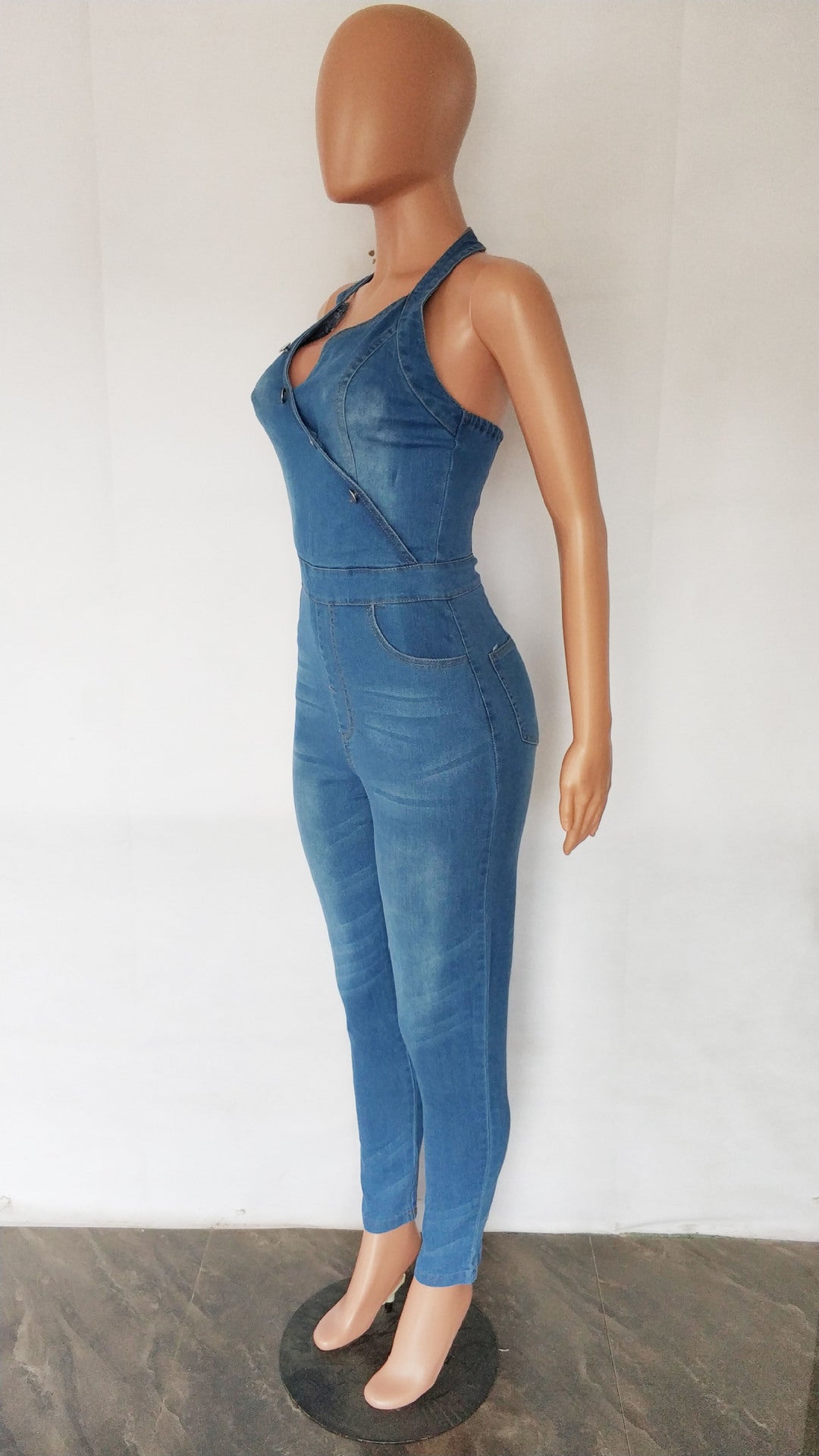 Women Slim Sleeveless Halter Neck Denim Jumpsuit 8