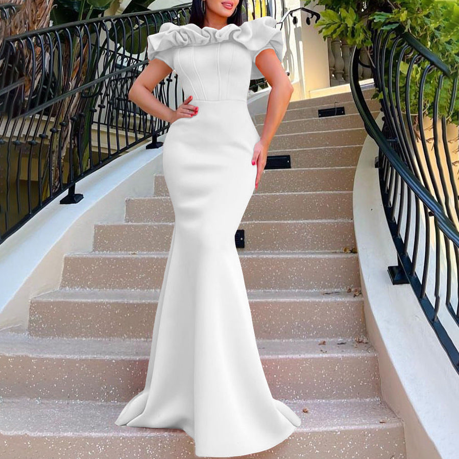 Women's Fashion Summer Solid Color Off Shoulder Mermaid Maxi Evening Dress 5