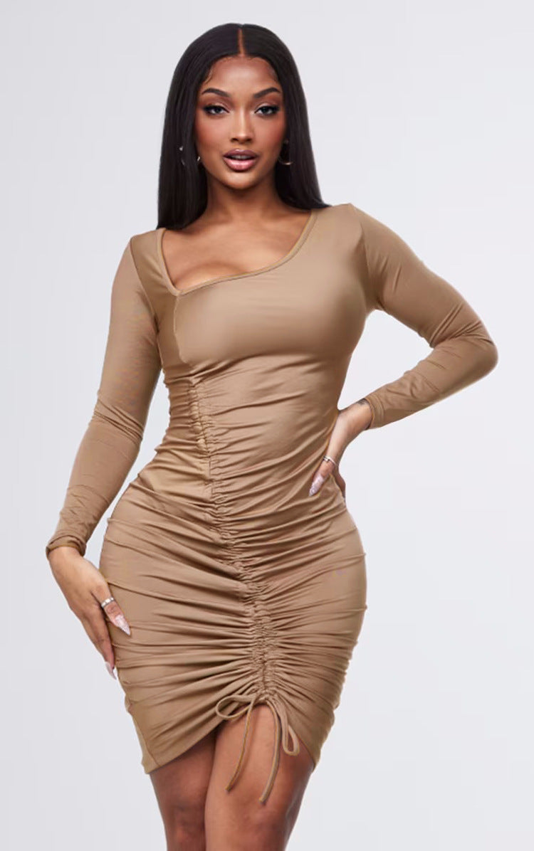 Women drawstring Slash Shoulder Bodycon Dress 5