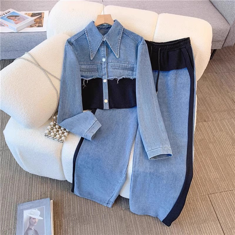 Denim Patchwork Fashion Casual Spring and Autumn Long Sleeve Top Wide Leg Long Pants Two Piece Set 7