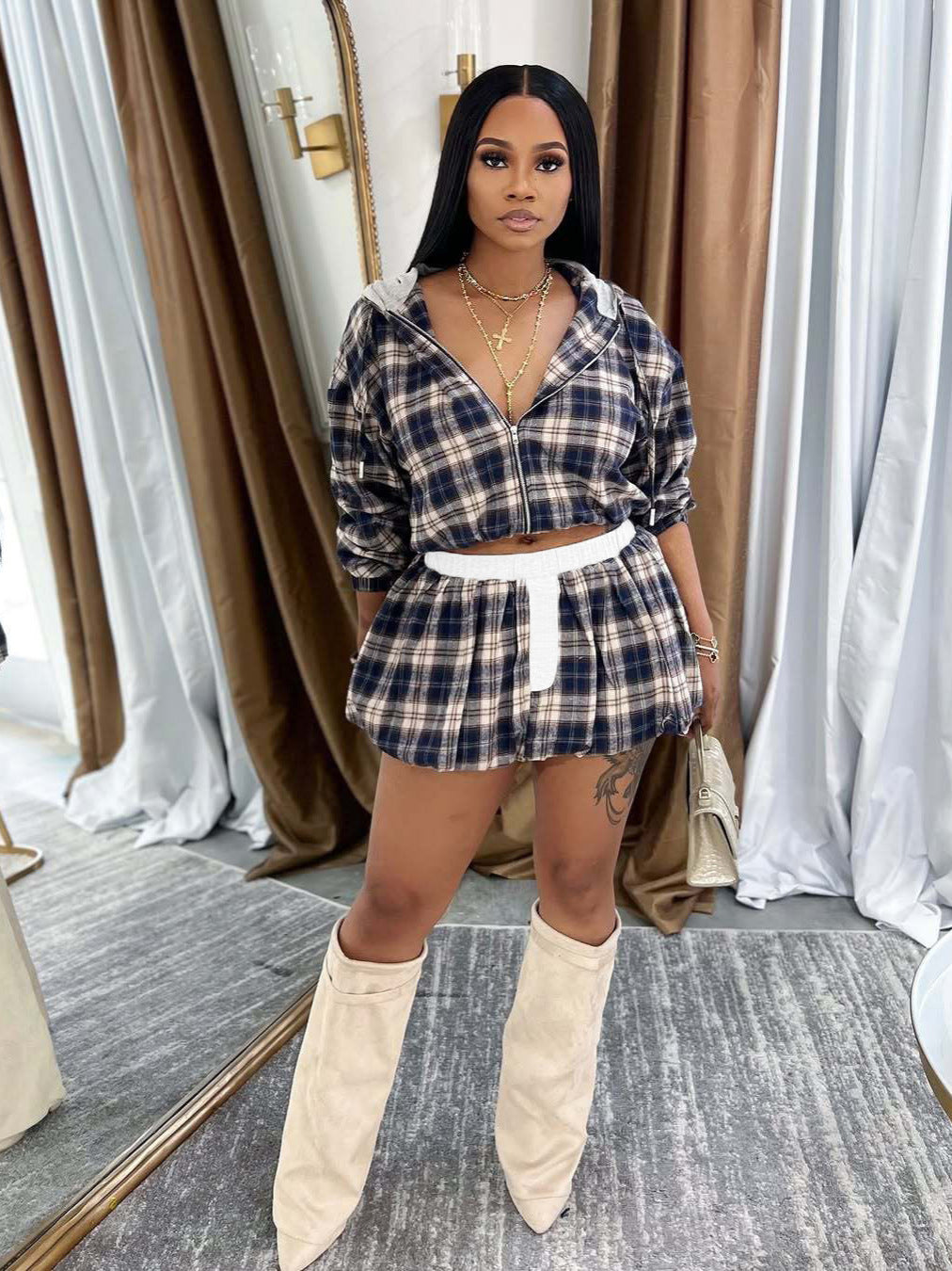 Fashionable print zipper short jacket top bubble short skirt Two Piece Set 5