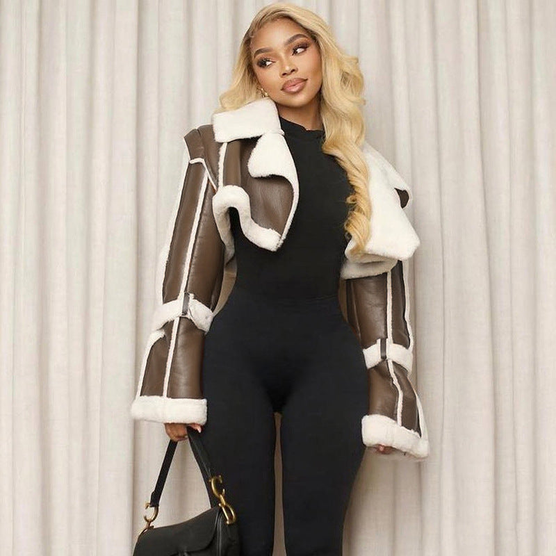 Autumn High Street PU Leather Patchwork Fur Collar Cropped Jacket 8