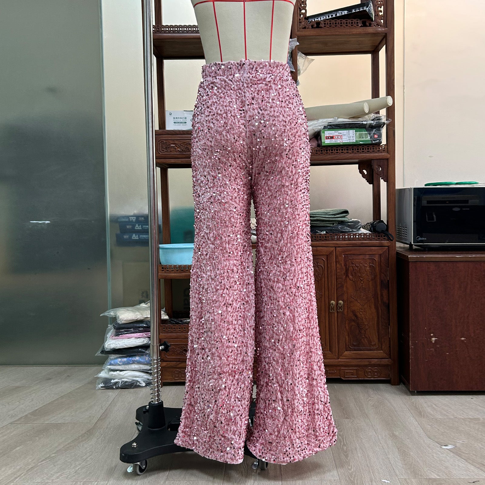 Women Solid Color Sequin Fashion Casual High Waist Wide Leg Pants 8