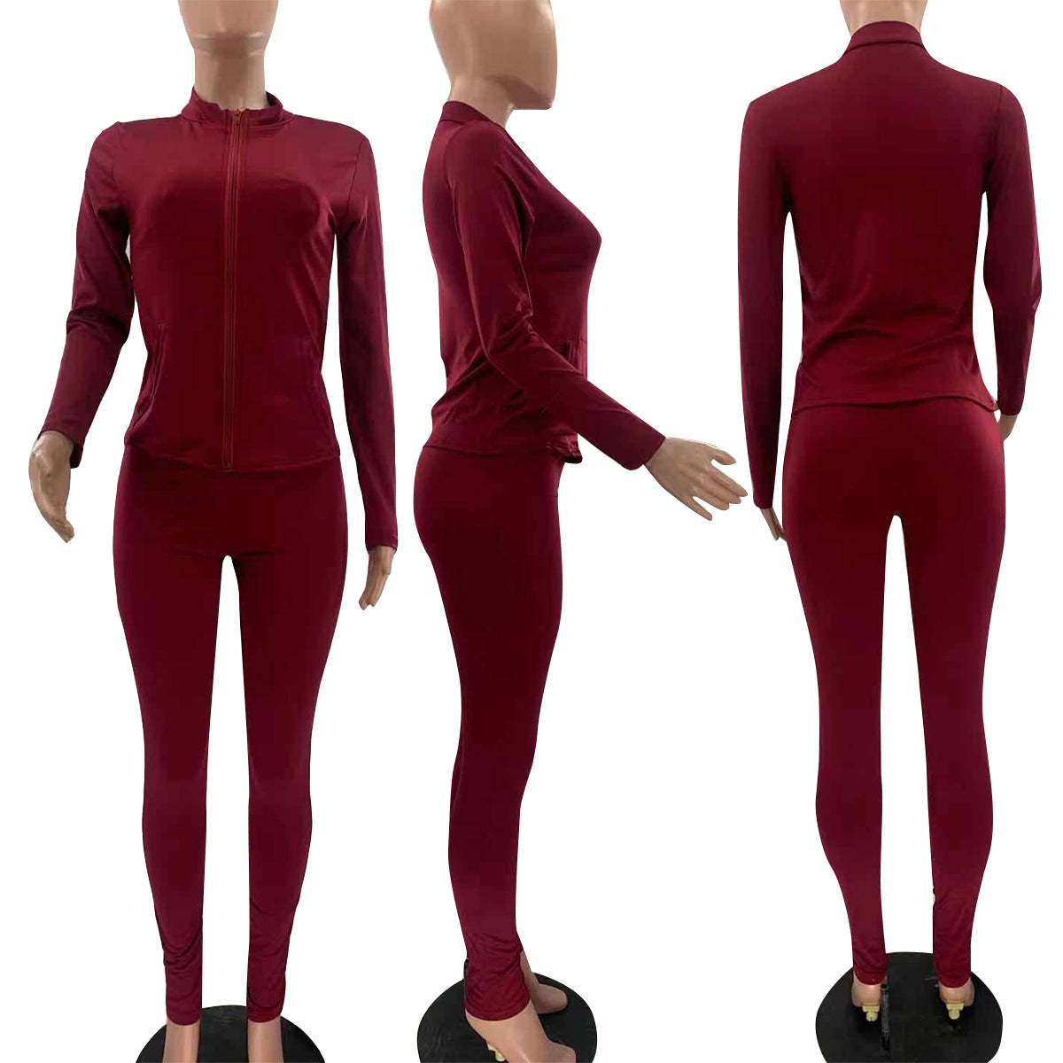 Women Casual Solid Long Sleeve Zip Top and Pant Two-Piece Set 34