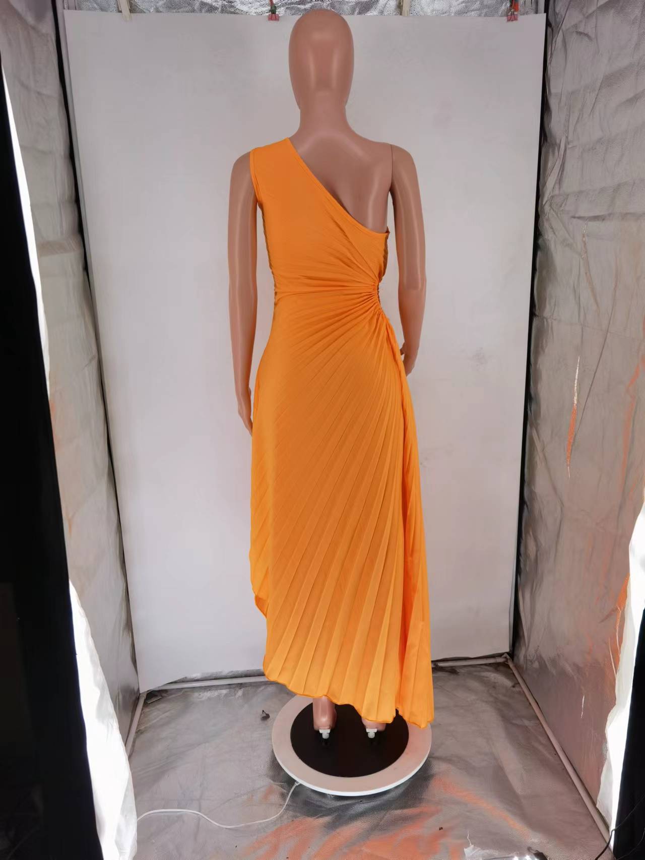 Elegant Slim Fit One Shoulder Cutout Pleated Gown Dress 23