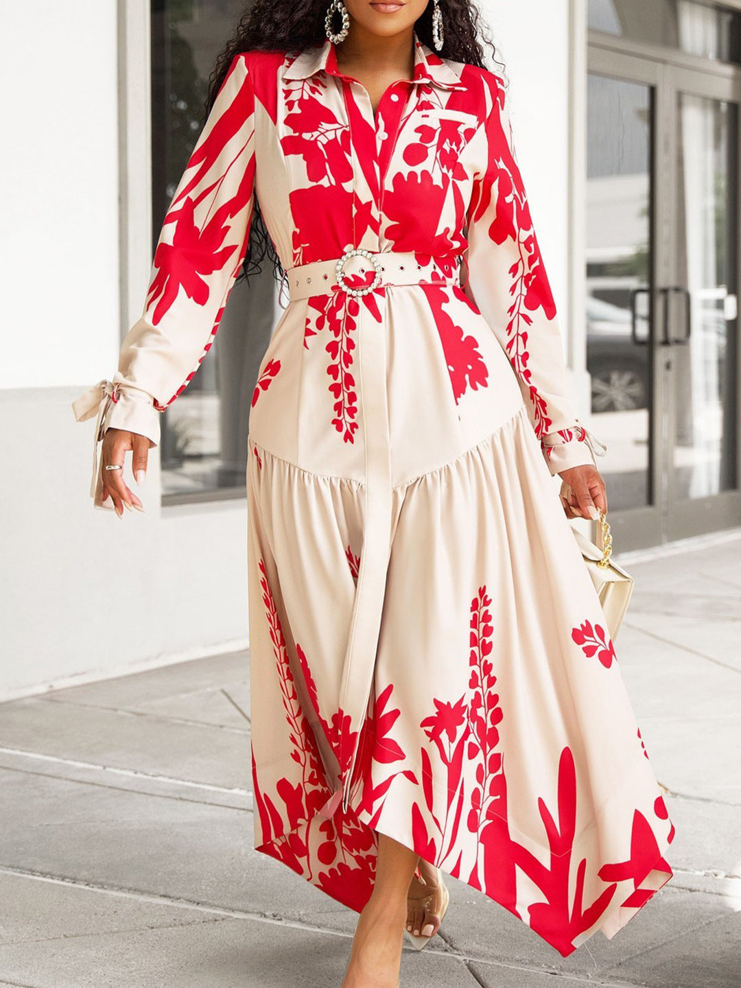 Plus Size African Women Summer Long Sleeve Print Turndown Collar Irregular Loose Dress 5