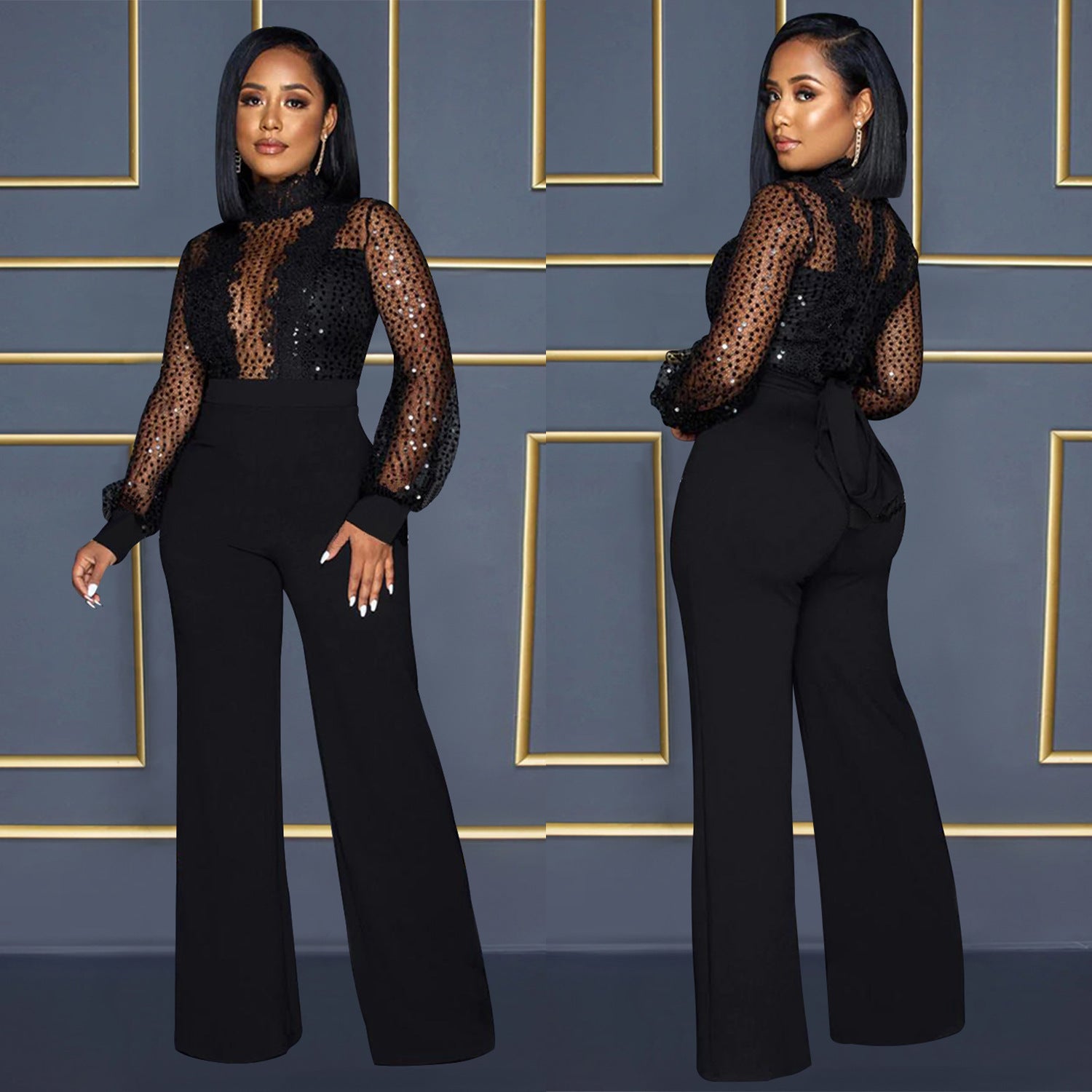 Women Cutout See-Through Long Sleeve Tie Jumpsuit（customized,MOQ 6pcs/size/color,process time 7-10 days） 11