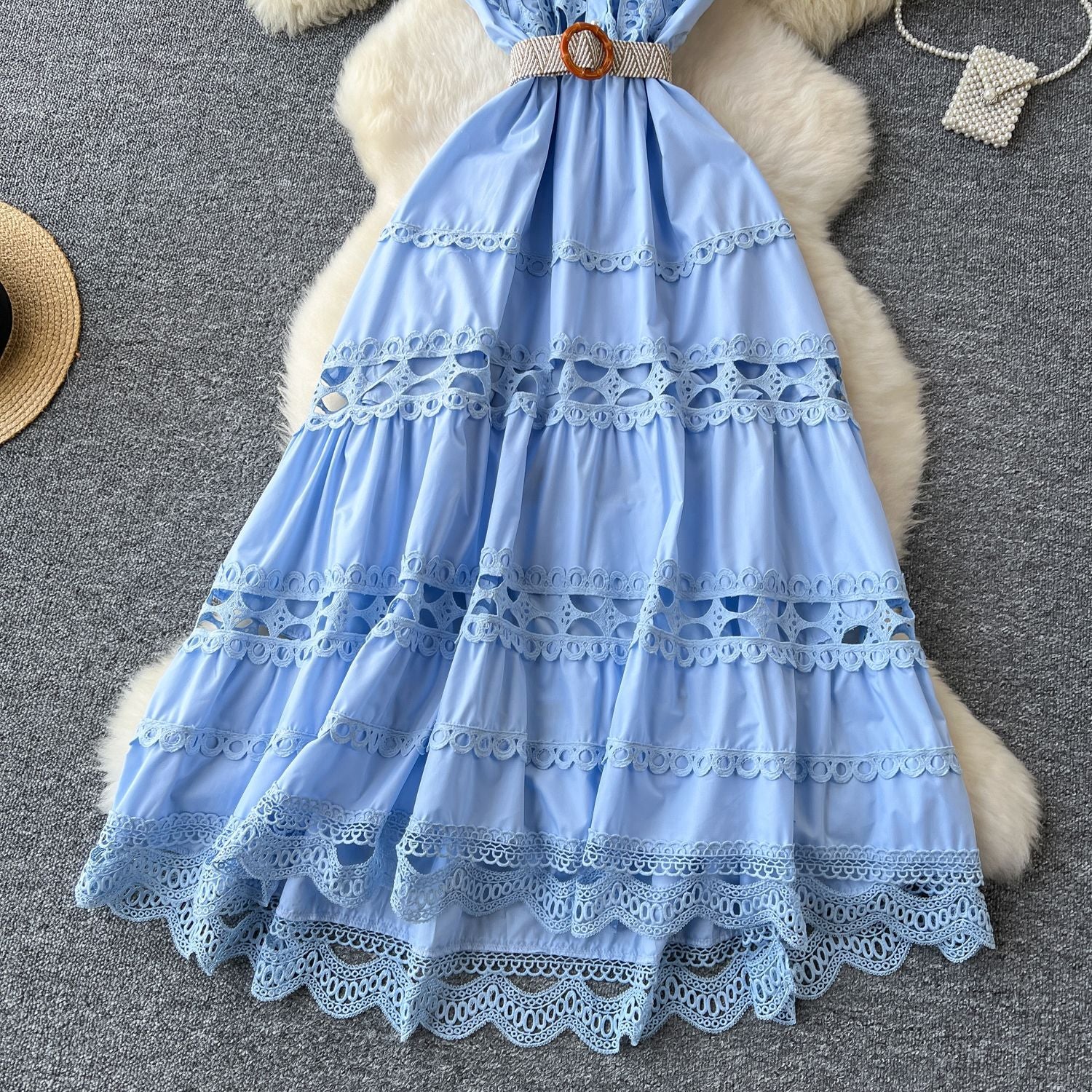 Women Vintage French Elegant Cutout Lace Patchwork Sleeveless Dress 14