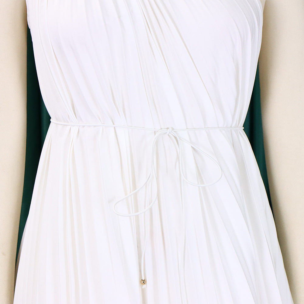 Women Summer Solid Slash Shoulder Lace-Up Loose Pleated Dress 20