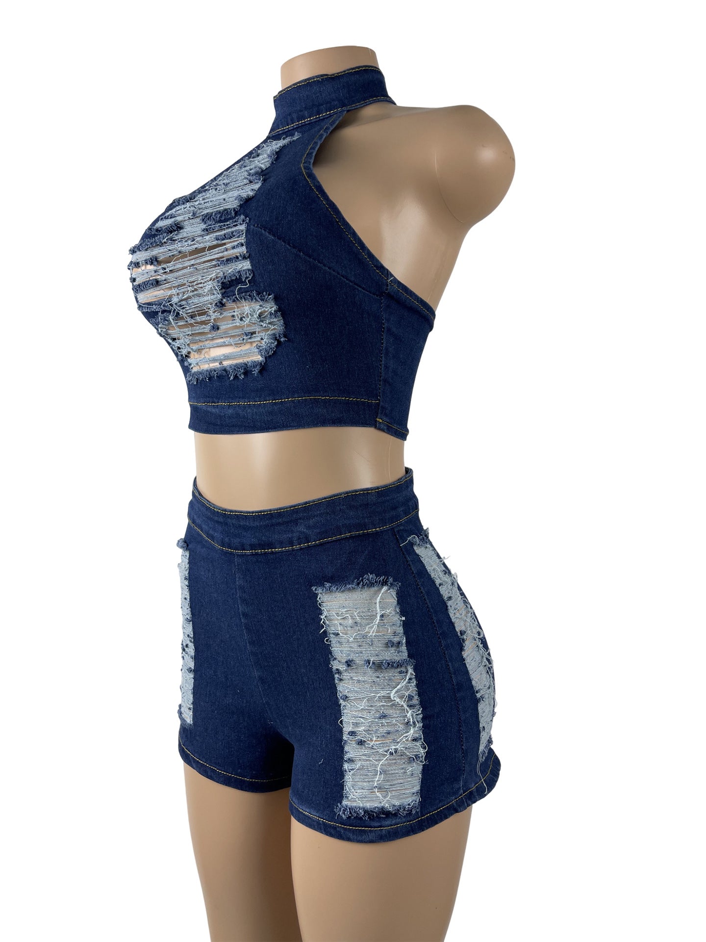Women Stretch Ripped Strapless Denim Top and Denim Shorts Set of Two 16