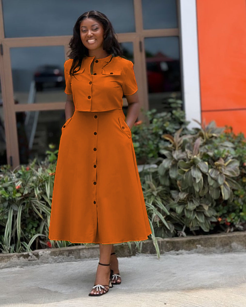 Women Summer Chic Round Neck Short Sleeve Top and Button Skirt Two-piece Set 4