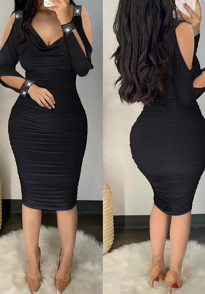 Women Beaded V-neck pleated Bodycon off-shoulder dress