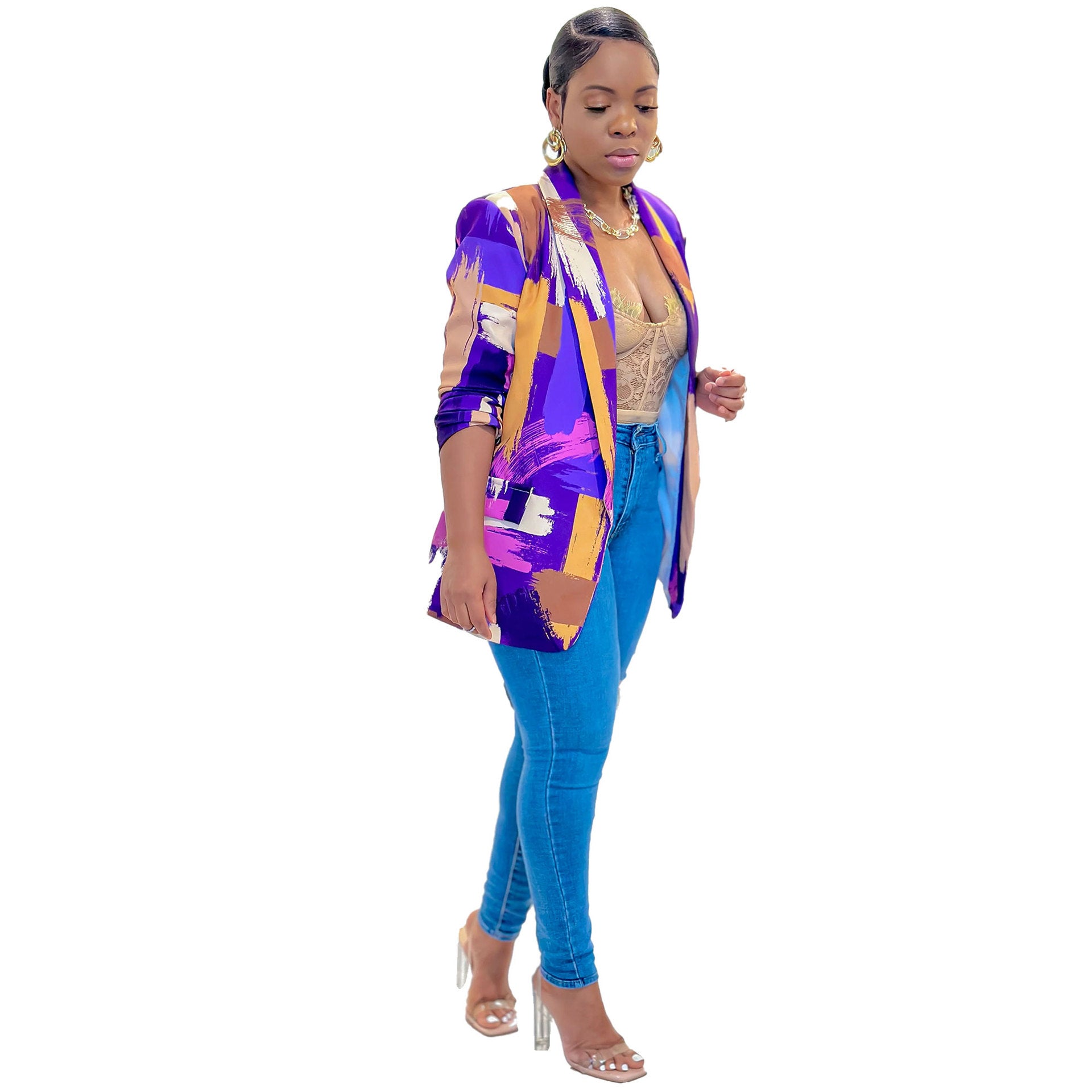 Women's Print Turndown Collar V-Neck Long-Sleeved Blazer 12