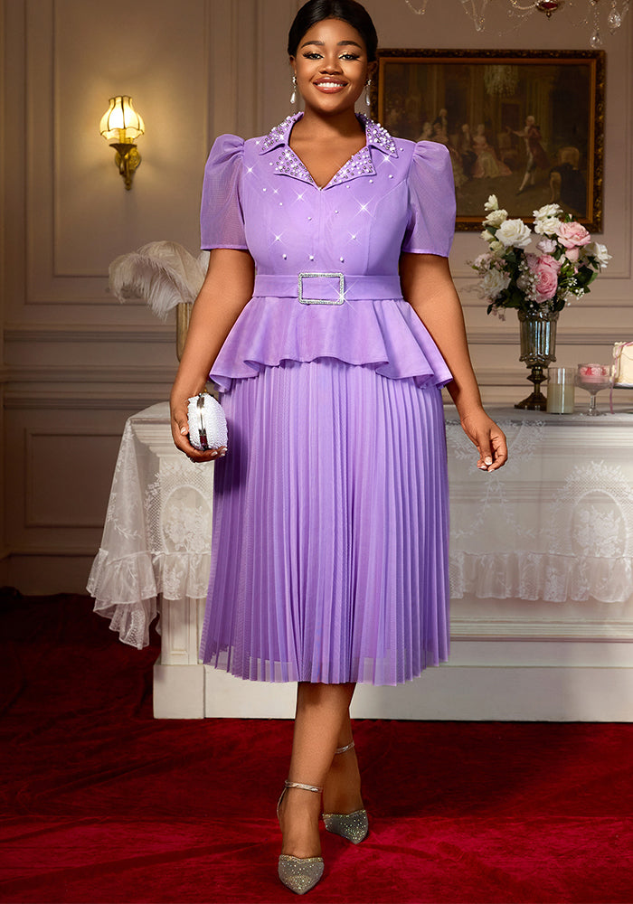 Plus-Size Women Turndown Collar Beaded Ruffle Dress