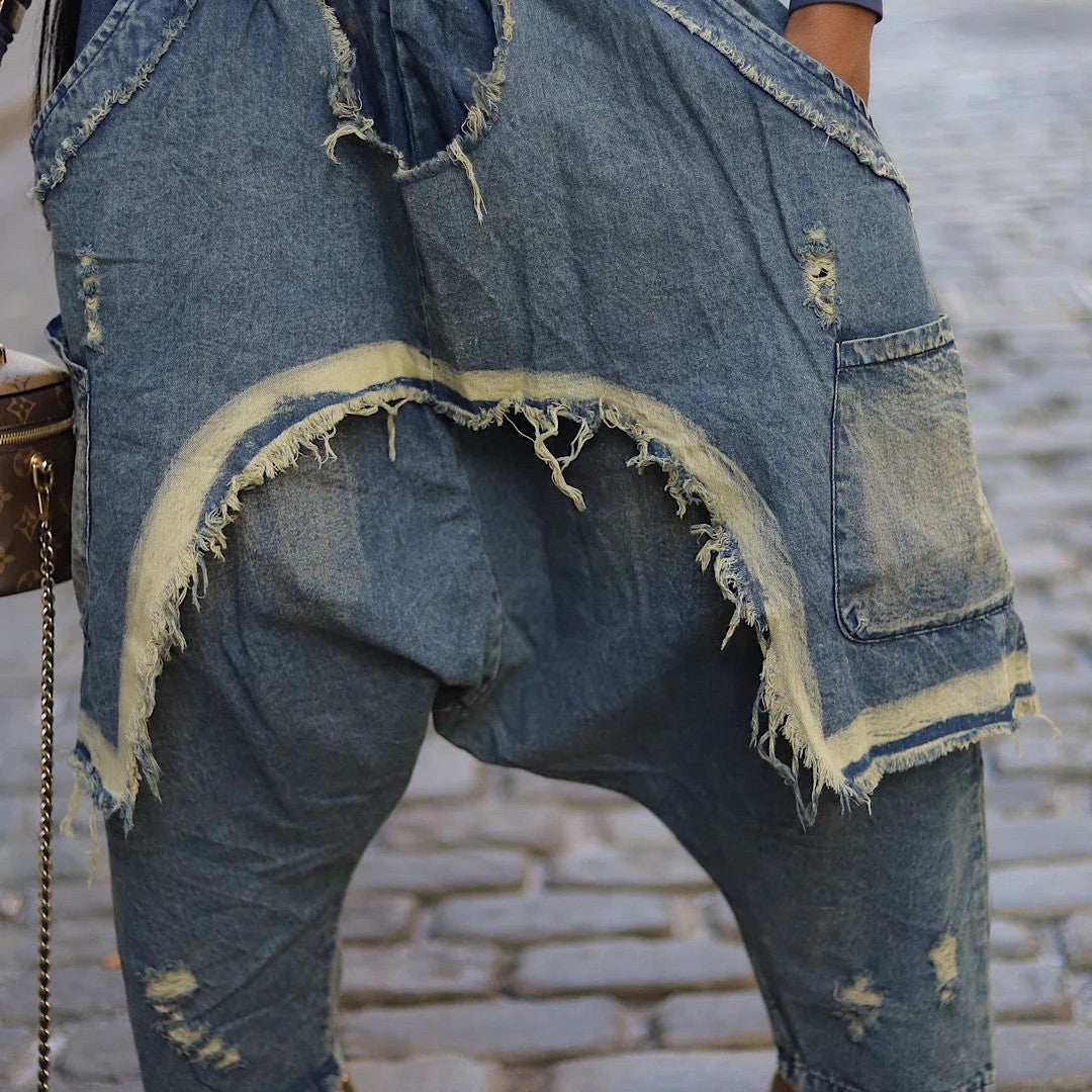 Women's Fashion Washed Ripped Loose Denim Patchwork Pants 6