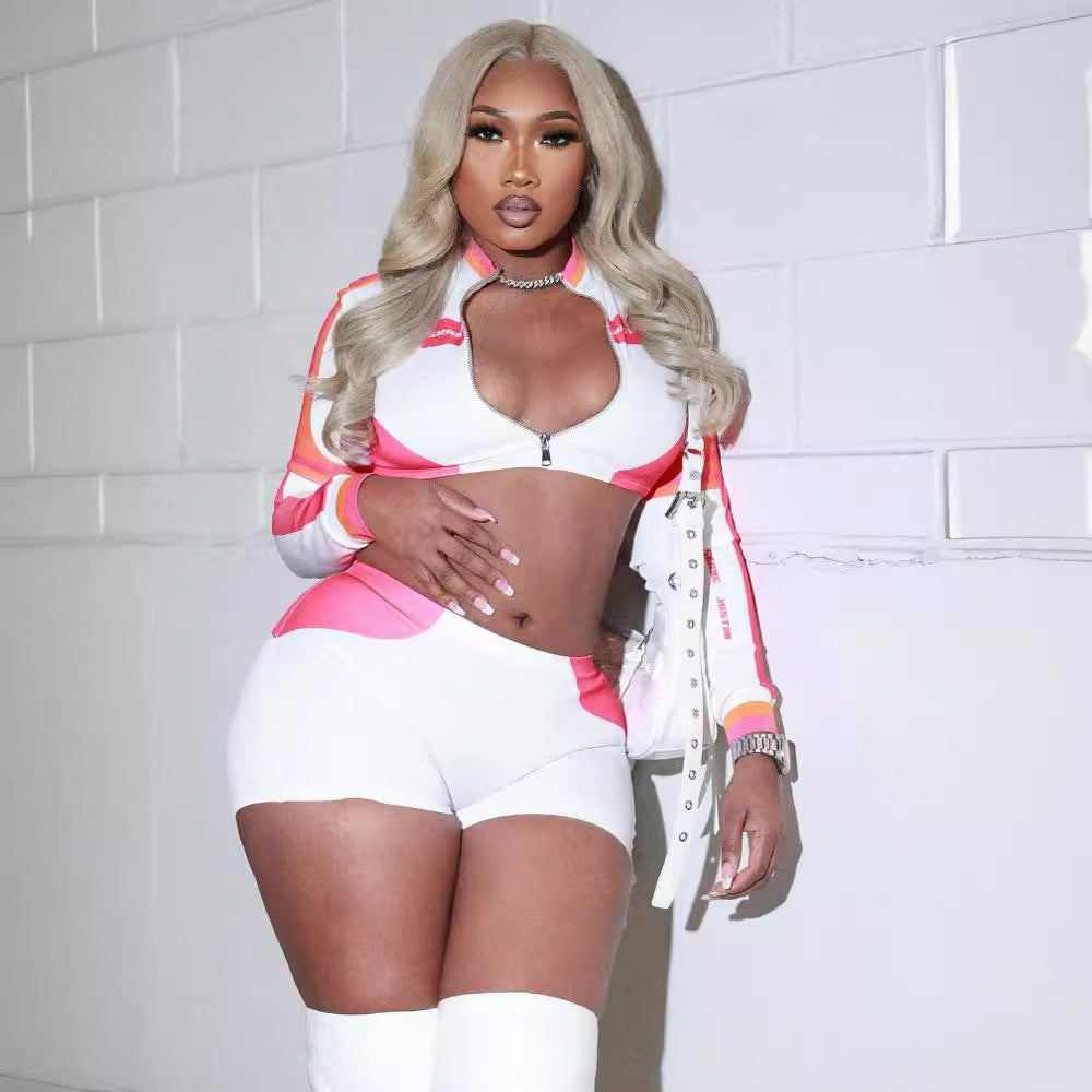 Fashion high street Print tight slim zipper long sleeve top shorts two piece set 4