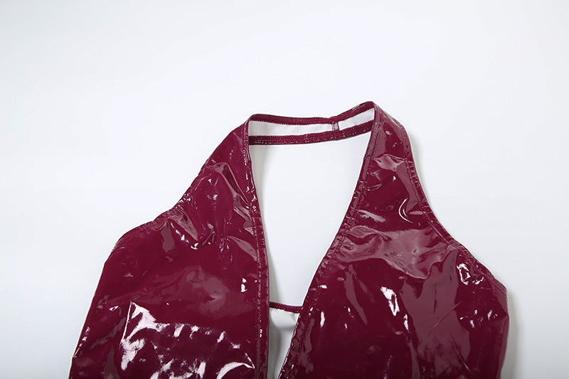 Women Sexy Pu Leather Halter Neck Backless Suspender Zipper Top and Pants Two-Piece Set 13
