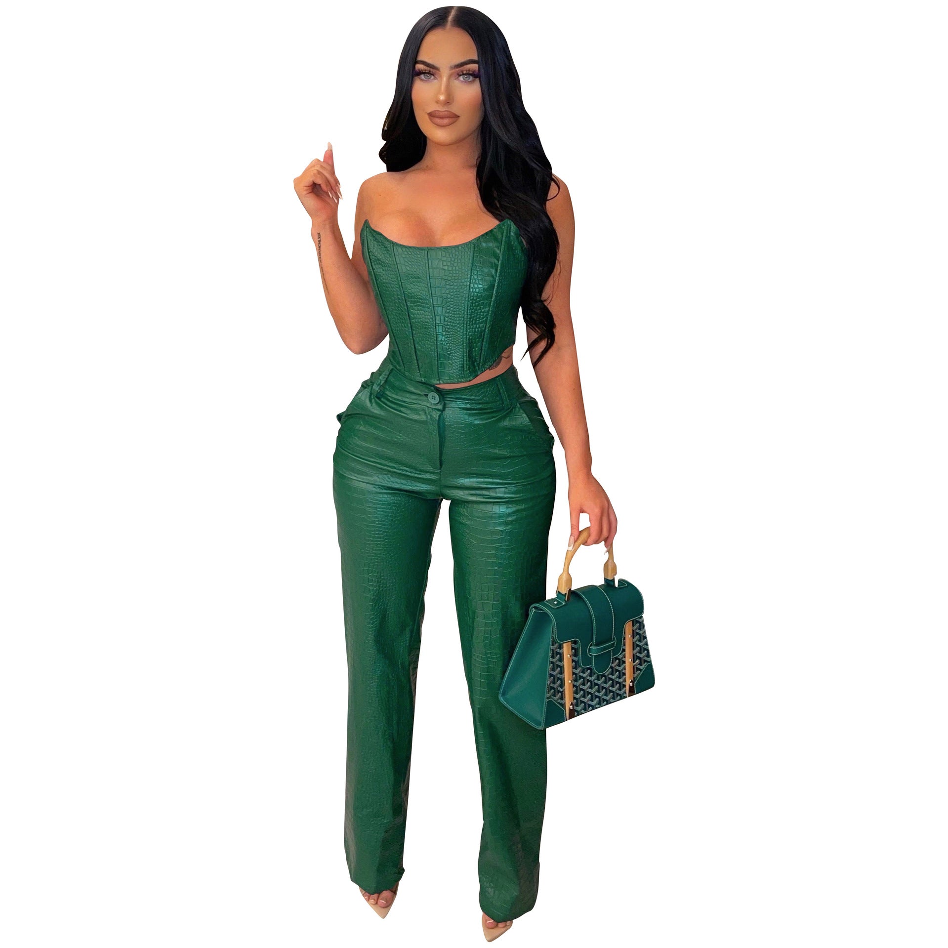 Women's Strapless Pu Leather Top And Pants Sexytwo-Piece Set 7
