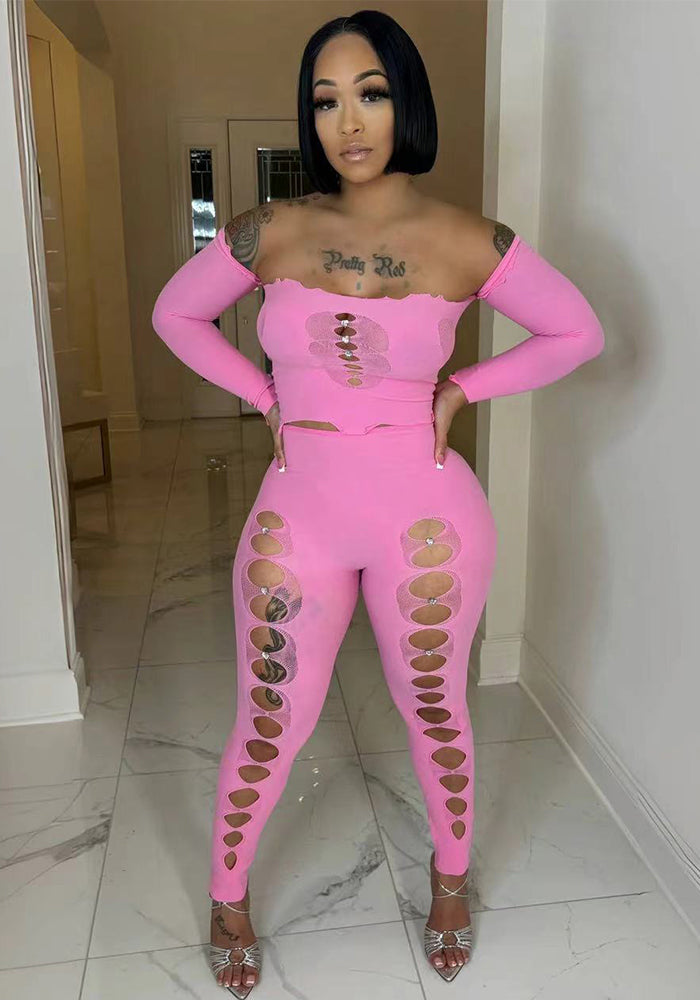 Spring Solid Off Shoulder Long Sleeve Crop Top Ripped Tight Fitting Pant Sexy Two Piece Set 4