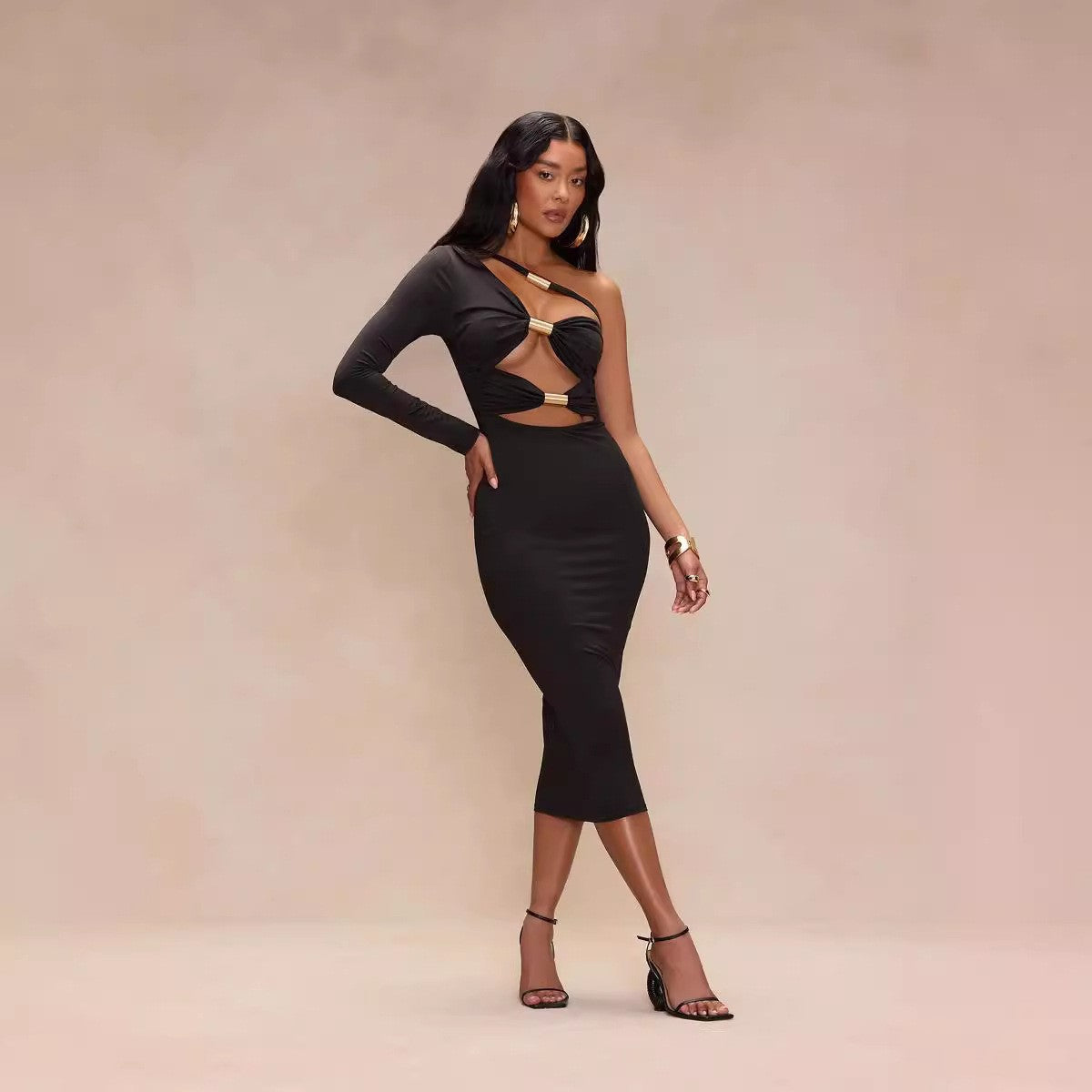 Women Sexy Hollow Tube Slash Shoulder One-shoulder Sleeve Bodycon Dress 5