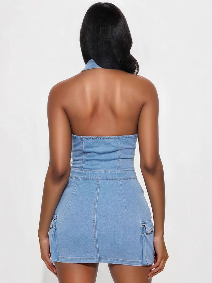 Women Halter Neck Denim Bodycon Dress 5