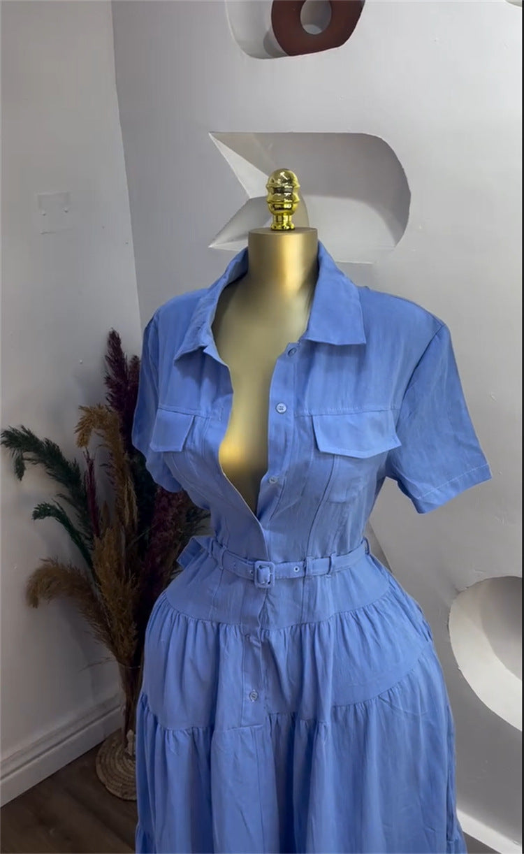 Women summer Turndown Collar short-sleeved buttoned belt shirt dress 3