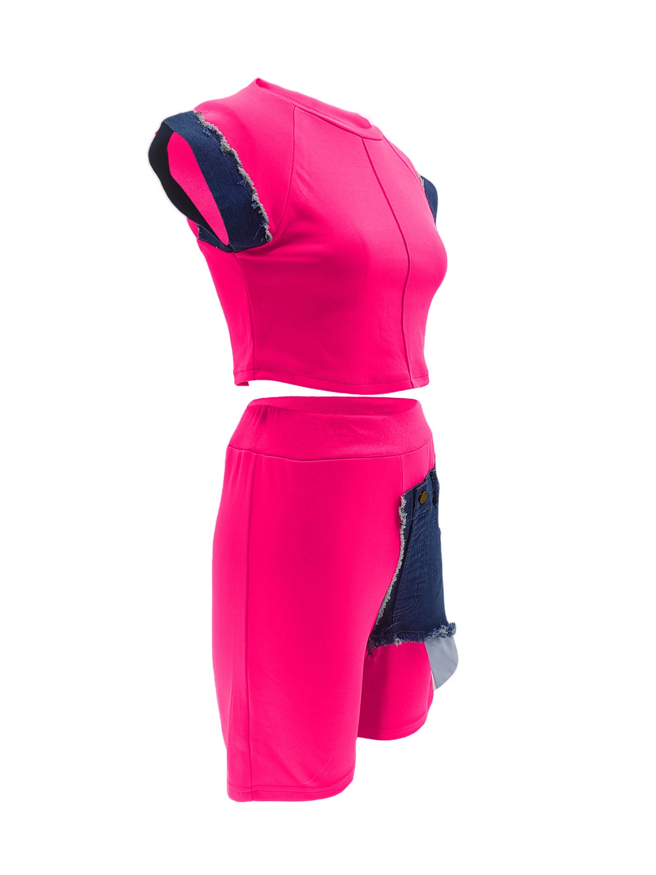 Women Casual Denim Patchwork Short-sleeved Top and Shorts Two-piece Set 22