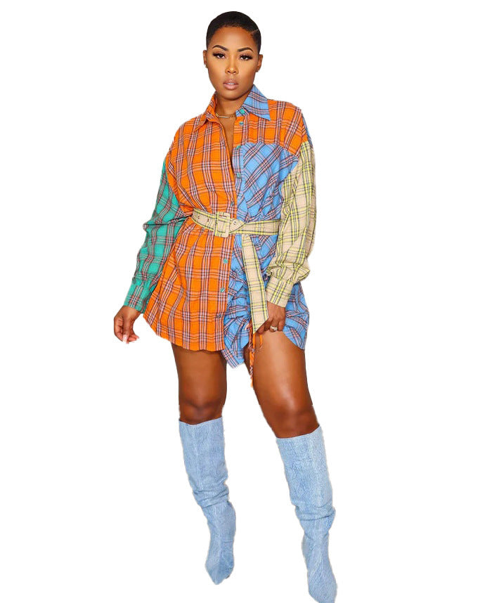 Women Fashion Printed Patchwork Long Sleeve Shirt (Including Belt) 7