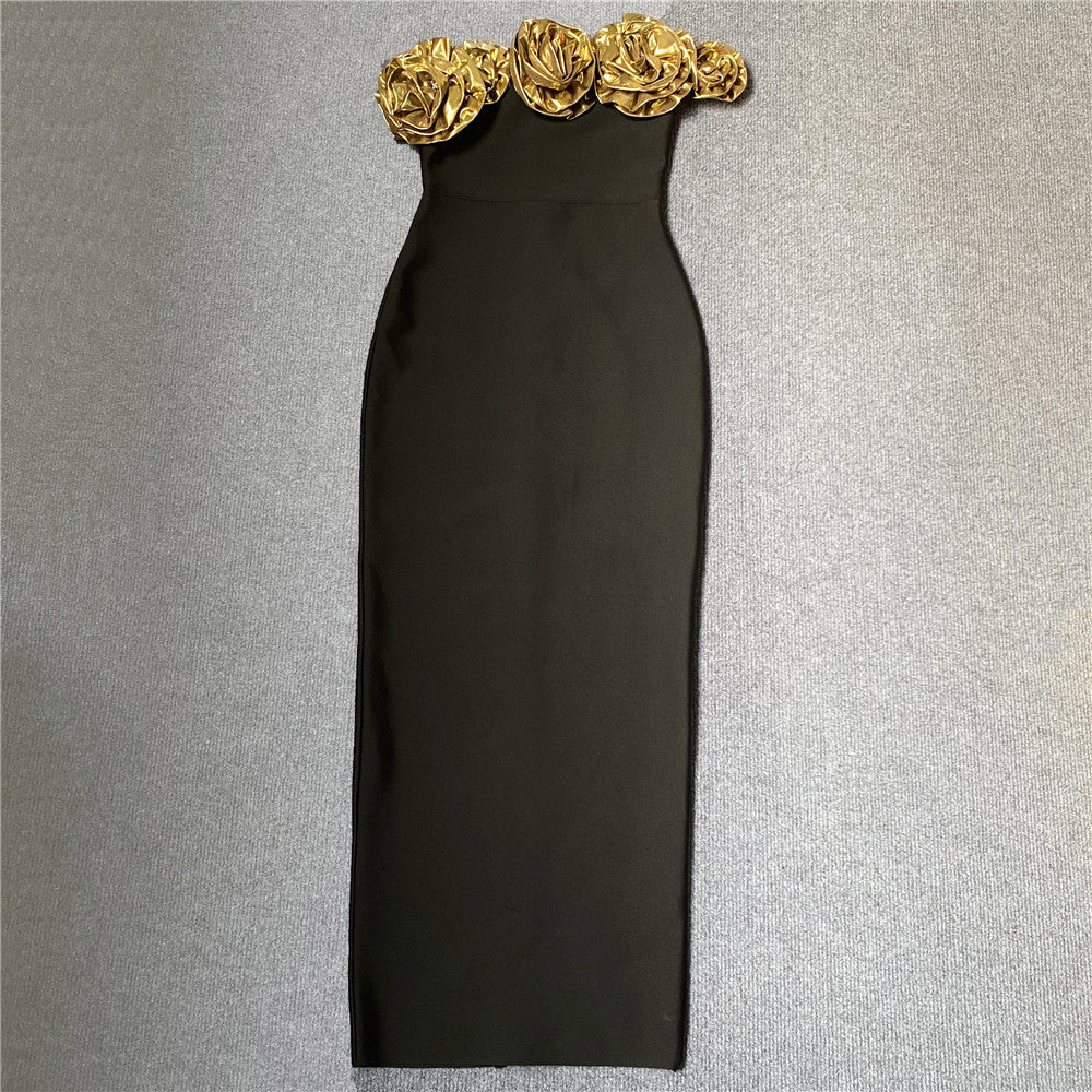 Women elegant party golden flower one-shoulder Bodycon bandage dress 12