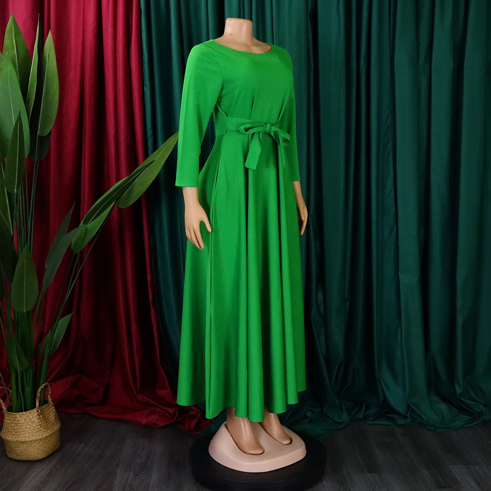 Women's Fall Winter Fashion Chic Solid long sleeve Belted African Plus Size Maxi Dress 11
