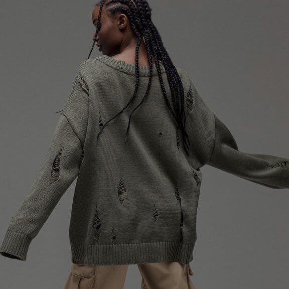 Women Casual Ripped Round Neck Loose Long Sleeve Sweater 10