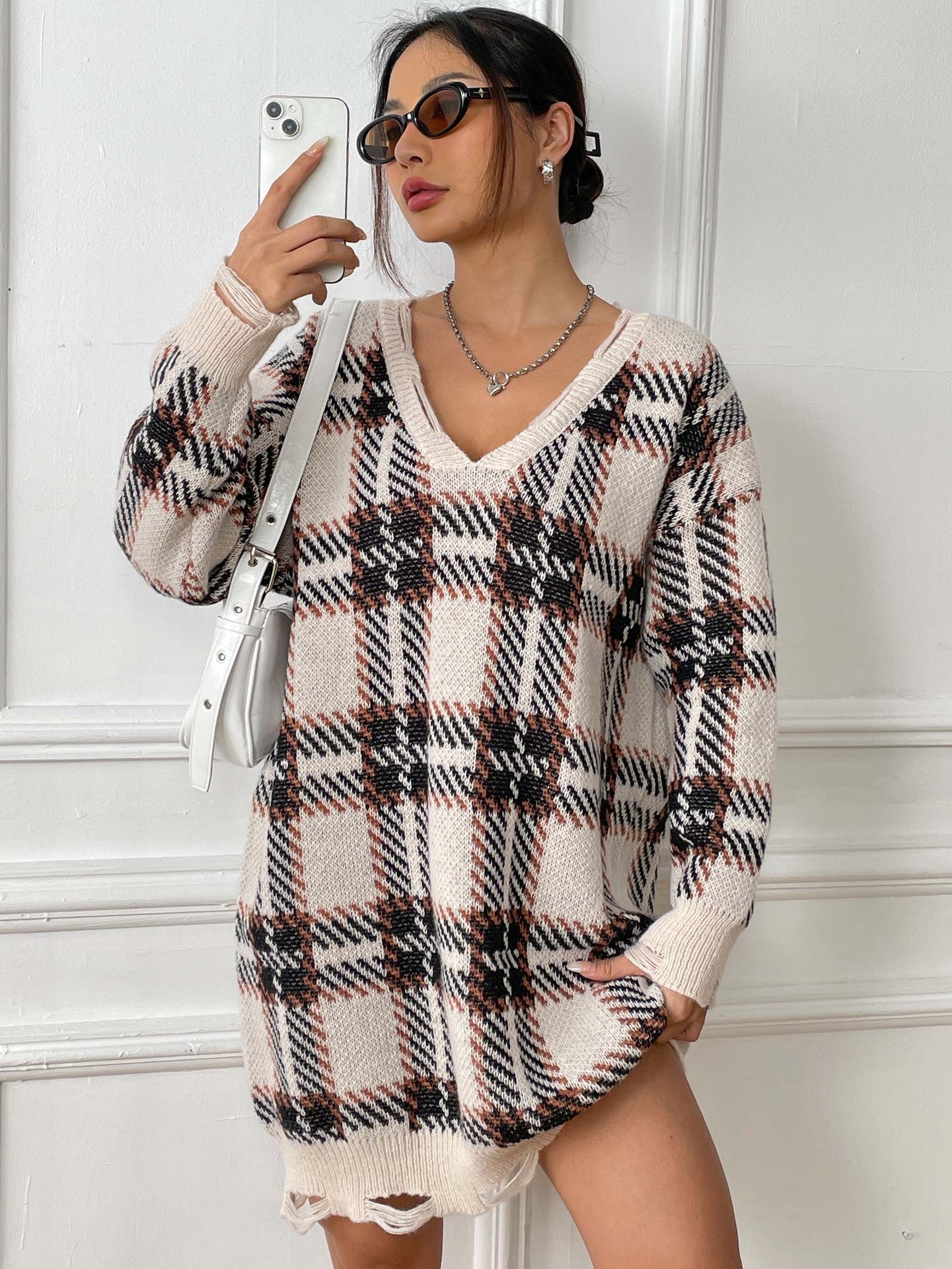 Women Autumn and Winter Contrast Color Patchwork Plaid Long Sleeve Casual Sweater Dress 8