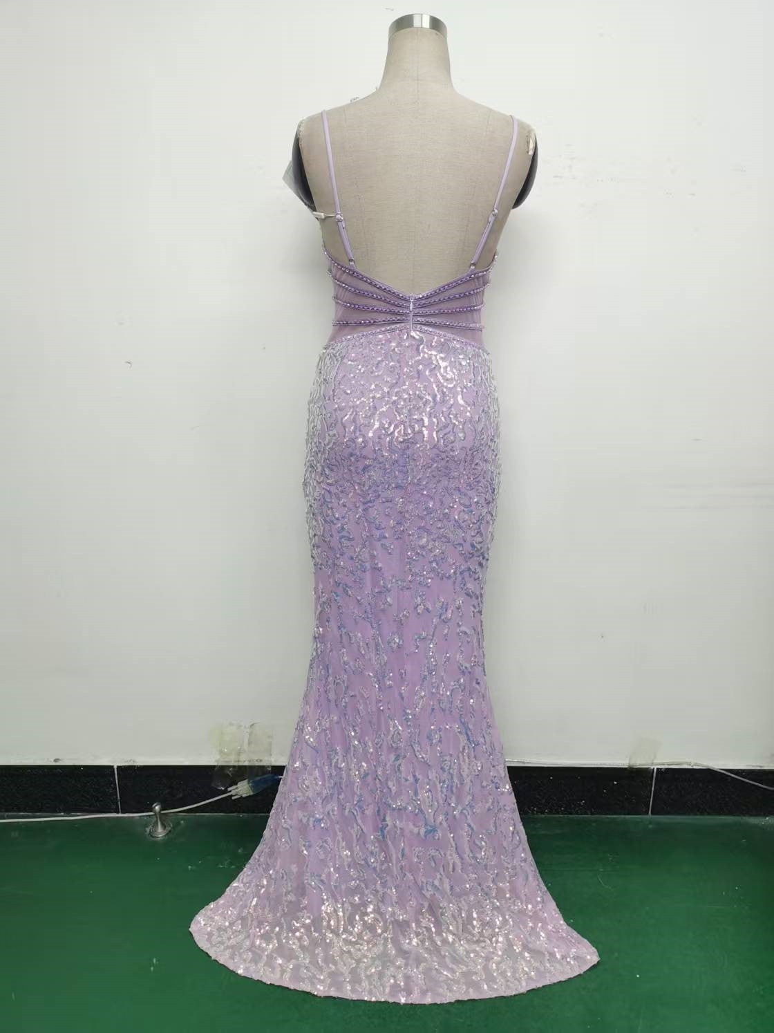 Women clothing V Neck sequins beaded hollow mesh off-shoulder Formal Party evening dress 30