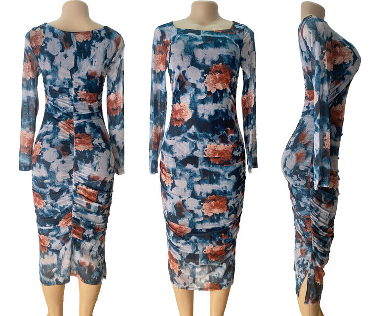 Women Mesh Print Retro Pleated Slit Bodycon Maxi Dress 5