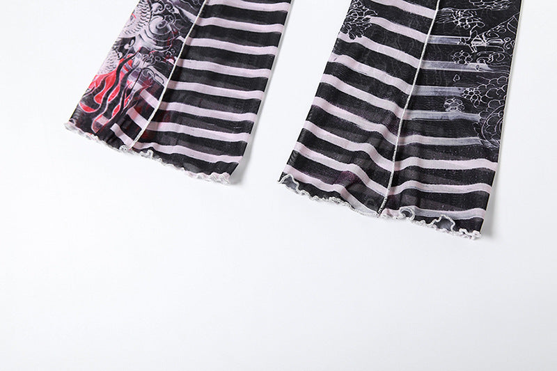 Women sexy mesh See-Through printed Top and high-waisted Casual trousers two-piece set 19