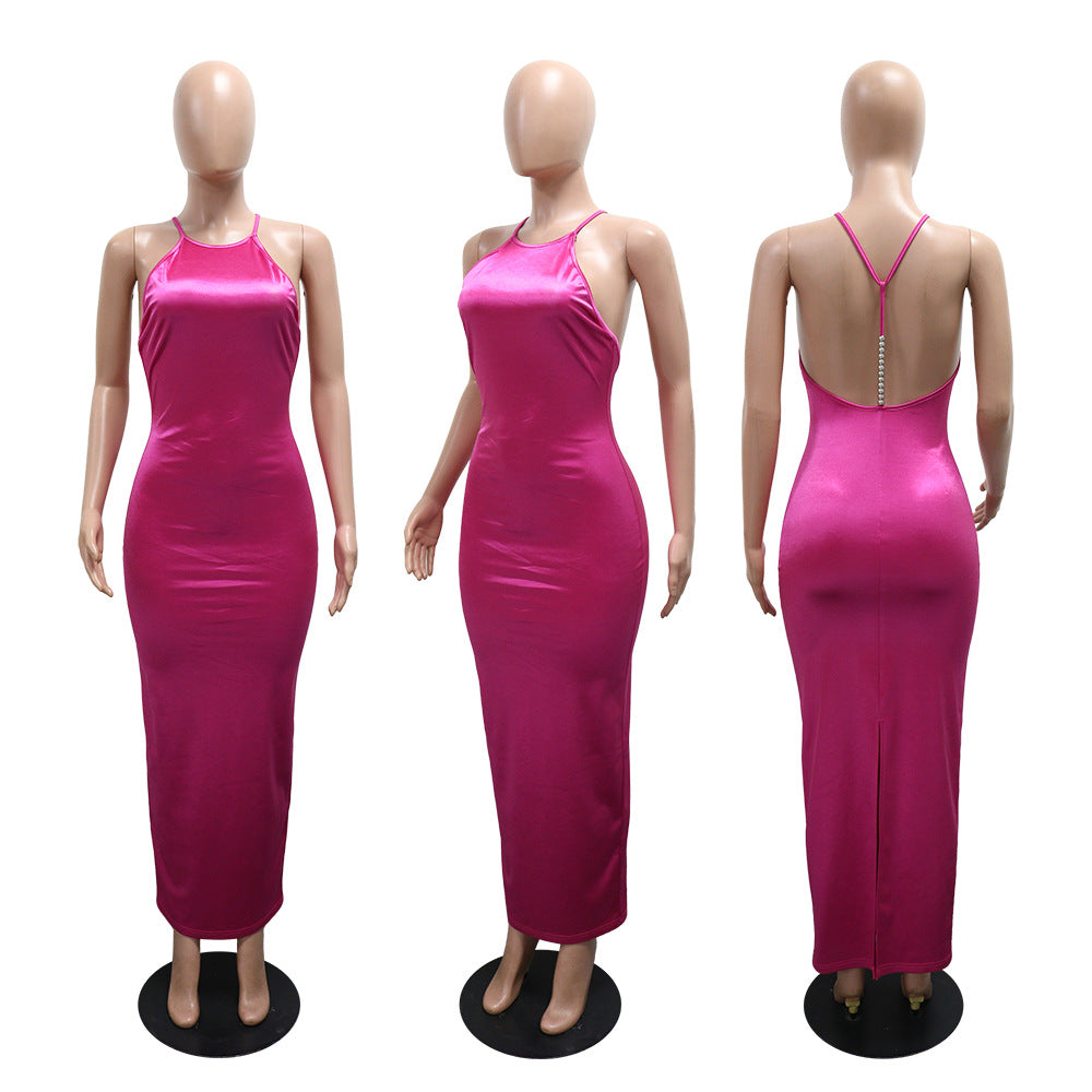 Women's Slim Fit Halter Neck Solid Color Long Dress 11