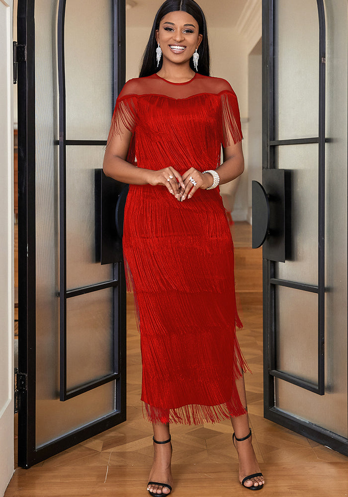 Women Mesh Patchwork tassel Round Neck sexy evening bodycon dresses