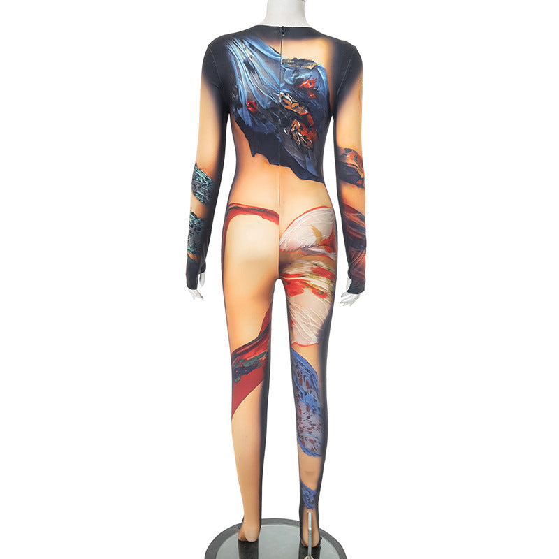 Women Body Painting Print Round Neck Long Sleeve Leg-Connected Jumpsuit 7
