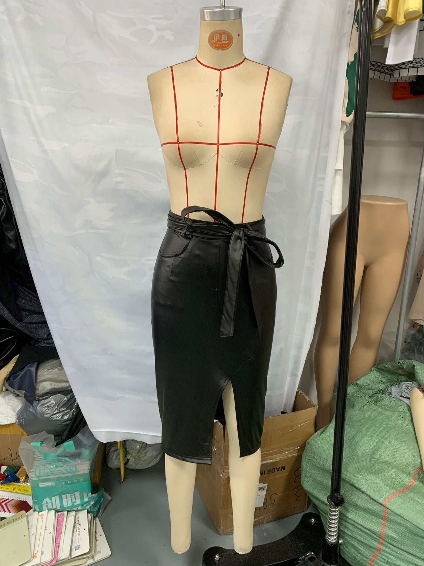 Women slit sexy pu Leather lace Bodycon Skirt 4