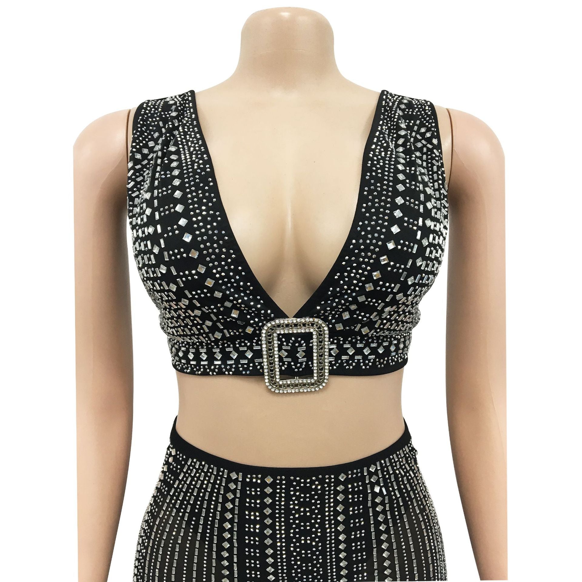 Women Mesh Beaded V-Neck Sleeveless Top and Skirt Two-Piece Set 12