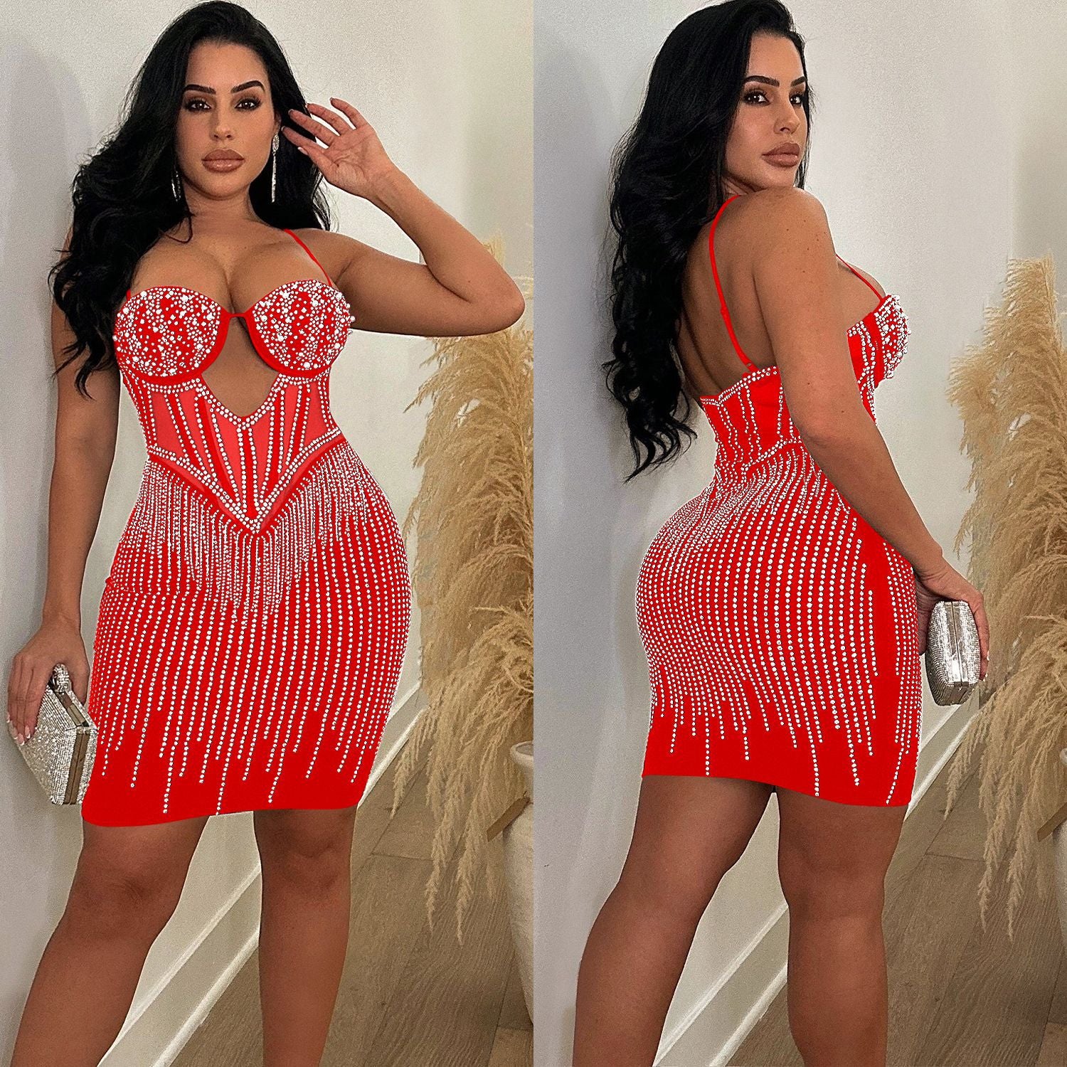 Fashionable Women's Solid Color Mesh Beaded Suspender Skirt Dress 5