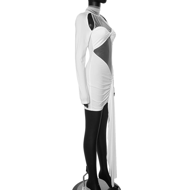 Women's Summer Solid Color Patchwork Mesh Round Neck Long Sleeve Slim Fit Pleated Short Dress 6