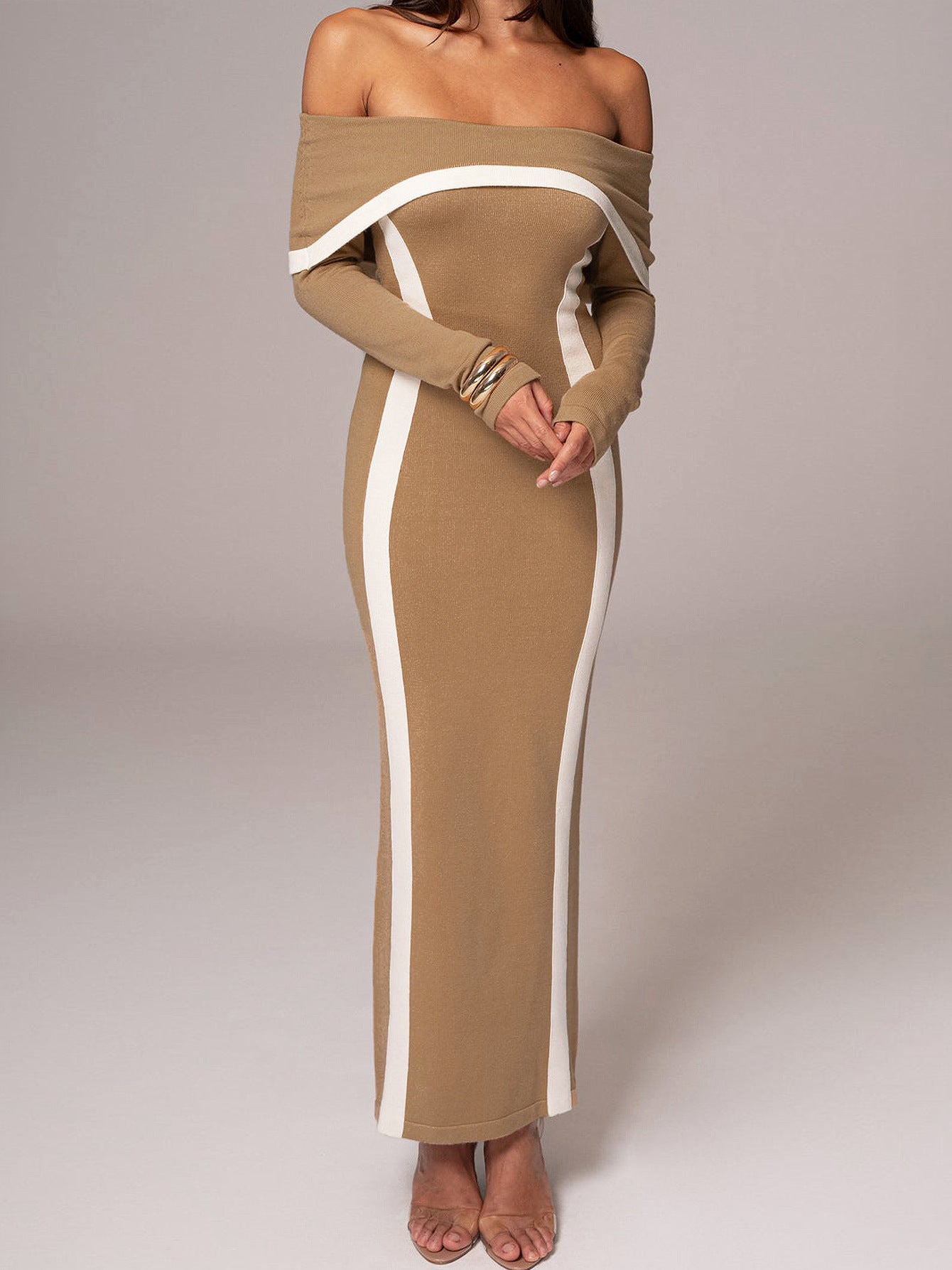 Women Knitting Winter Sexy Off Shoulder Contrast Bodycon Dress