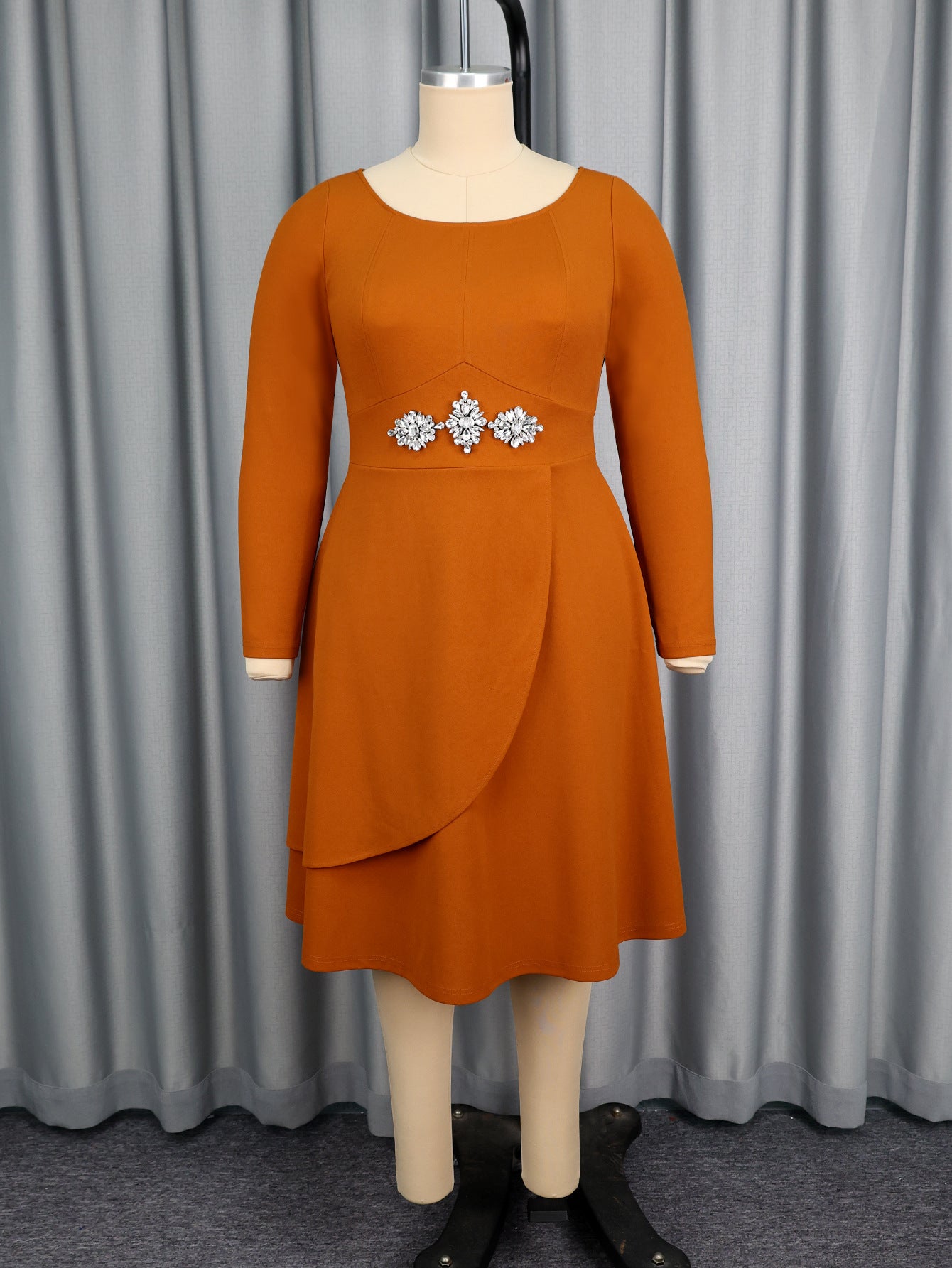 Plus Size Solid Color Long Sleeve Elegant Dress with Rhinestone Irregular Midi Dress 6